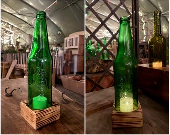 Handmade lantern made from Carlsberg beer bottle - wooden base in cuboid shape - with tea light for a cozy atmosphere