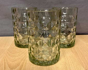 Set of 3 glasses made from Three Sixty Vodka bottles - glass relief in tile look - unique pieces made from bottle bottoms