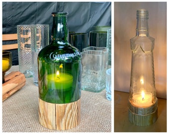 Lantern made from an old bottle of your choice - a stand boy - a special one-off with a wooden base