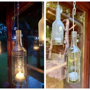 Windlicht aus Captain Morgan Flasche - ein Flaschenjunge (zum Anhängen) mit Glasrelief - besonderes Unikat mit Drahteinsatz