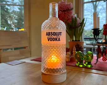 Handmade lantern made from Absolut Vodka bottle - turned wooden base - flickering light glass relief Limited Edition - with tea light