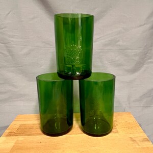 Set of 3 glasses made from Tanqueray Gin bottles - strong green with glass relief - unique pieces made from bottle bottoms image 4