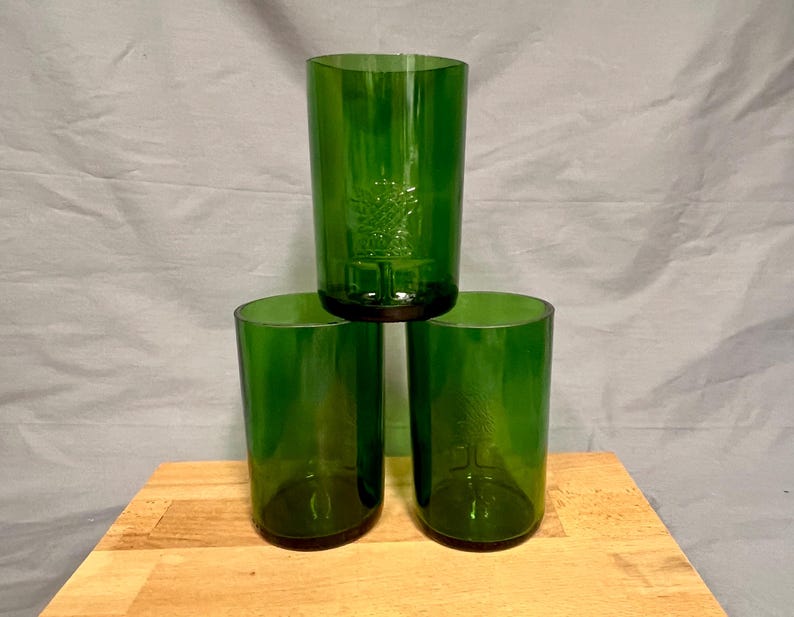 Set of 3 glasses made from Tanqueray Gin bottles - strong green with glass relief - unique pieces made from bottle bottoms image 4