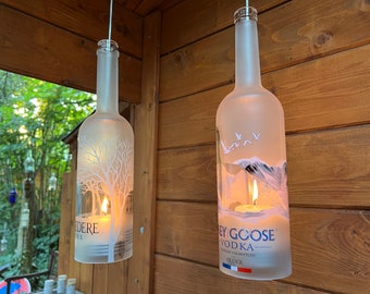 Lantern made from Gray Goose Vodka bottle with pillar candle - motif with greylag goose skyline Alps France - upcycling hanging lamp for the garden