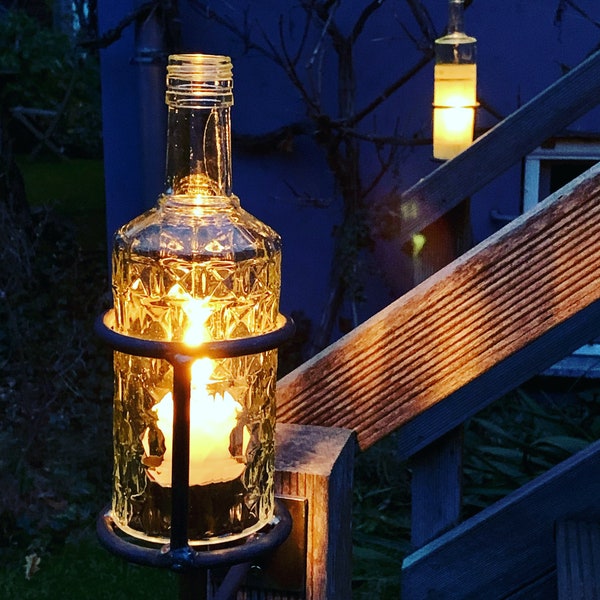 Lantern made from an old bottle - lantern boy size M - special unique piece with metal body and wall bracket