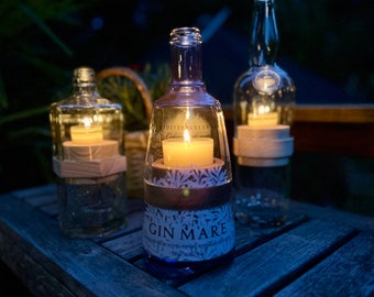 Handmade lantern made from Gin Mare bottle - great bottle shape with colorful print - with tea light for a cozy atmosphere