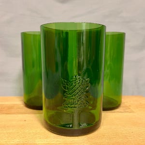 Set of 3 glasses made from Tanqueray Gin bottles - strong green with glass relief - unique pieces made from bottle bottoms image 1