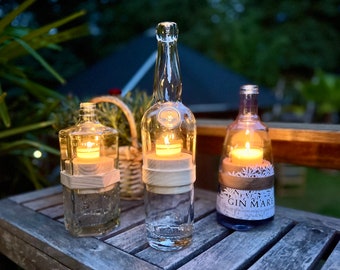Handmade lantern made from Plantation Rum bottle - great bottle shape with glass relief - with tea light for a cozy atmosphere