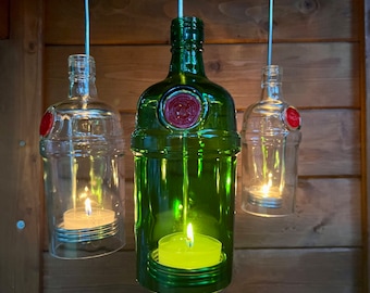 Lantern made from Tanqueray 1l gin bottle - a bottle boy (for hanging) in beautiful green - special unique piece with wire insert