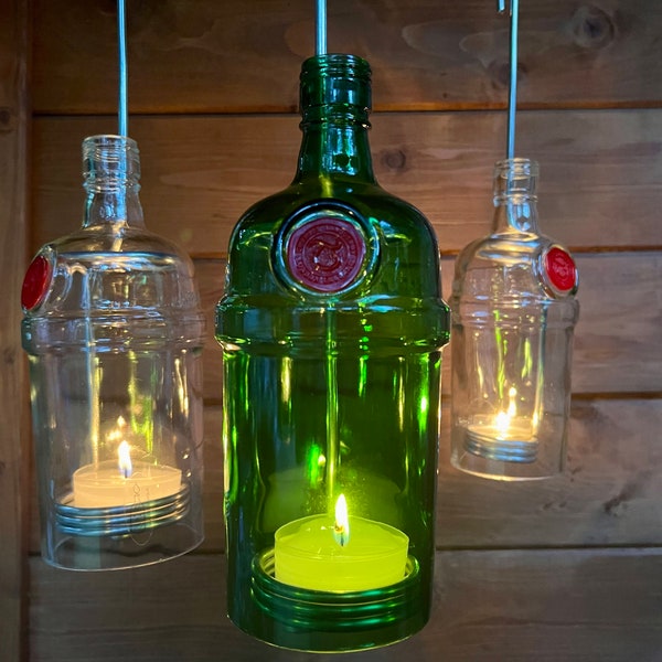 Lantern made from Tanqueray 1l gin bottle - a bottle boy (for hanging) in beautiful green - special unique piece with wire insert