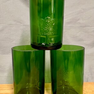 Set of 3 glasses made from Tanqueray Gin bottles - strong green with glass relief - unique pieces made from bottle bottoms image 11