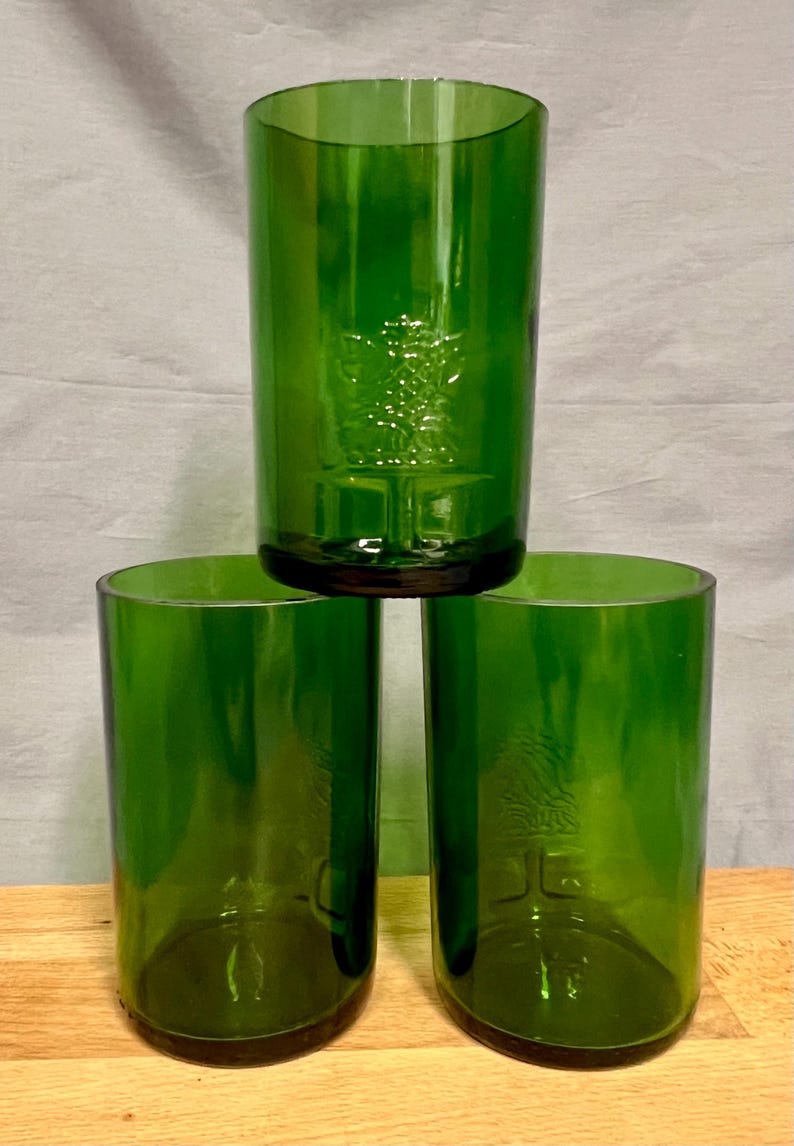 Set of 3 glasses made from Tanqueray Gin bottles - strong green with glass relief - unique pieces made from bottle bottoms image 11