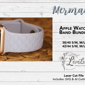 A white Apple Watch band with a mermaid scale texture is shown on a woven surface, with text overlaying the right side.