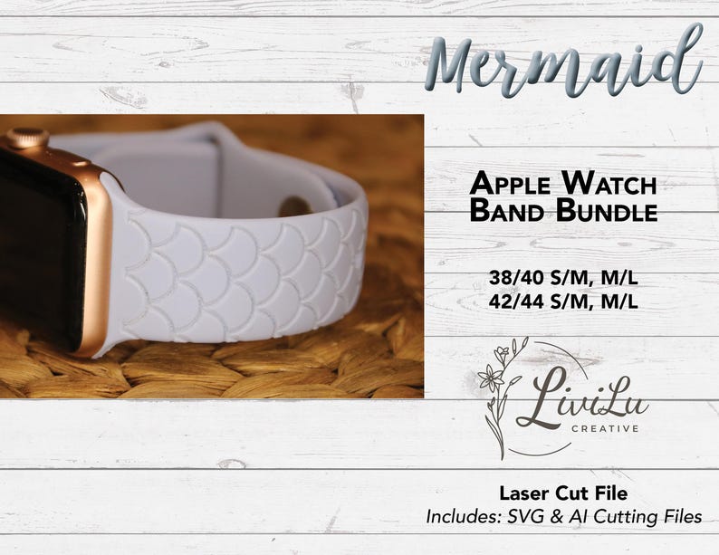 A white Apple Watch band with a mermaid scale texture is shown on a woven surface, with text overlaying the right side.