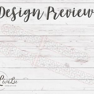 Two outlined watch band designs with a heart pattern are displayed on a light gray wooden background, with text overlaying the image.