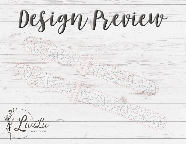 Two outlined watch band designs with a heart pattern are displayed on a light gray wooden background, with text overlaying the image.