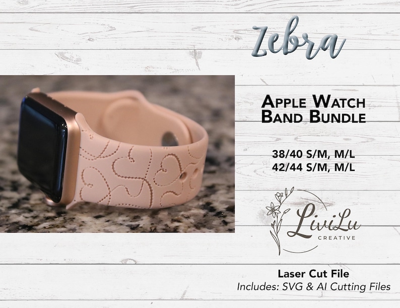A rose gold Apple Watch band with a heart pattern is shown on a light gray wooden background, with text overlaying the image.