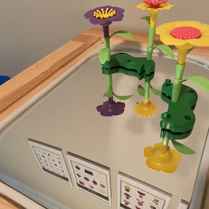 Puede incluir: Una mesa de madera con una superficie de espejo. Tres juguetes de flores de colores se colocan en la superficie del espejo. Las flores están hechas de plástico y tienen pétalos amarillos, rojos y morados. Las flores se reflejan en el espejo. También hay varias tarjetas con formas y colores en la mesa.