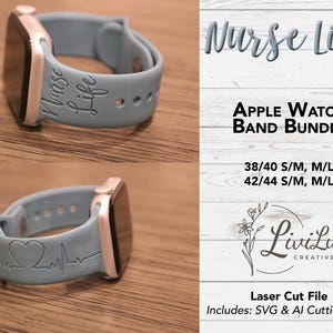 A light blue Apple Watch band with "Nurse Life" engraved on one side and a heart with an ECG line on the other, shown on a rose gold watch.