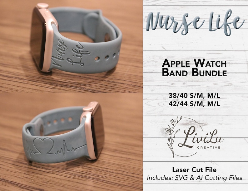 A light blue Apple Watch band with "Nurse Life" engraved on one side and a heart with an ECG line on the other, shown on a rose gold watch.