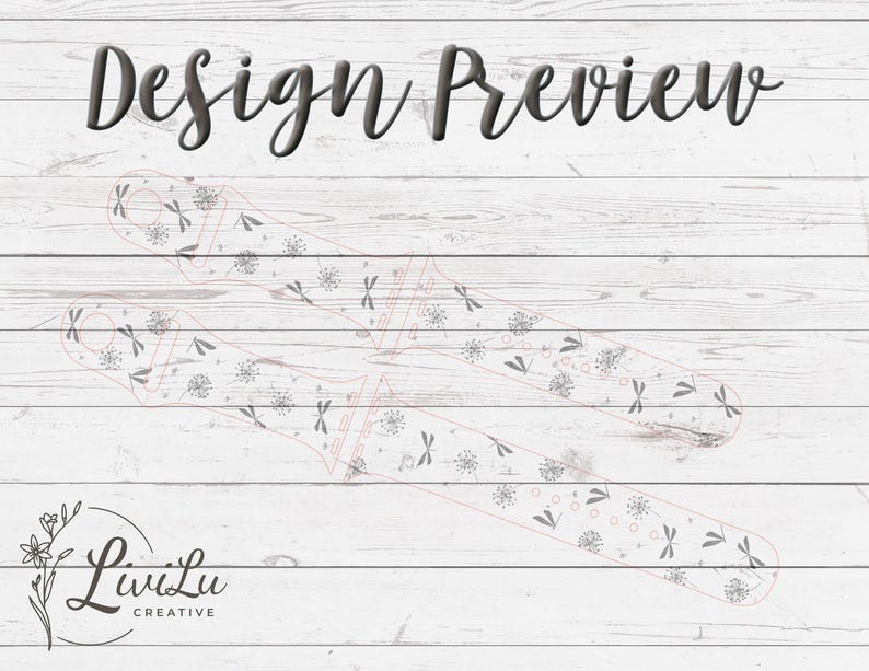 A digital preview shows two watch band pieces with a faint outline of dandelion and dragonfly designs, above the words "LiviLu Creative."