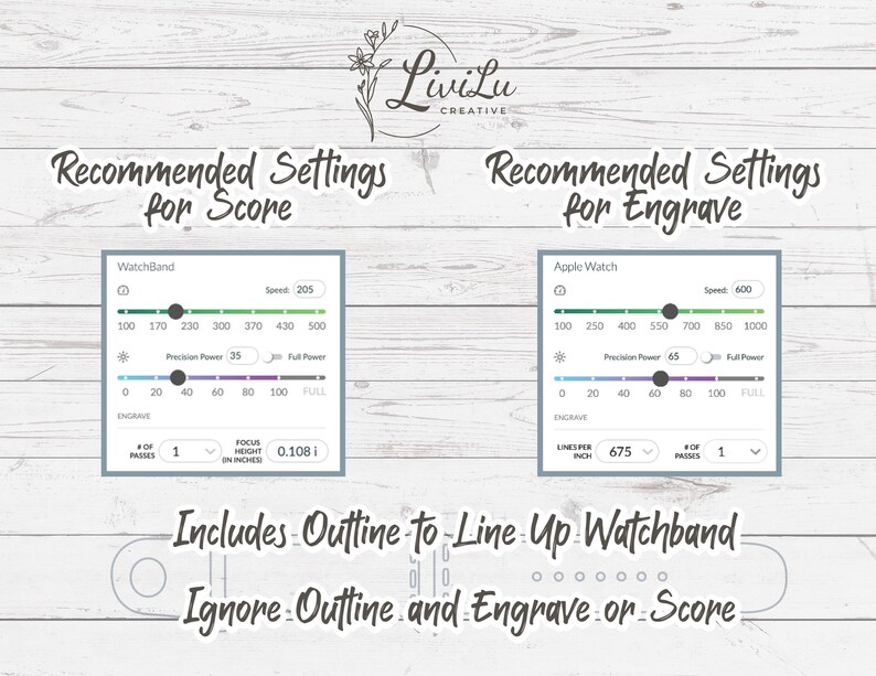 Two sets of recommended laser settings for a watch band, one for scoring and one for engraving, are shown on a light gray wooden background, with text overlaying the image.