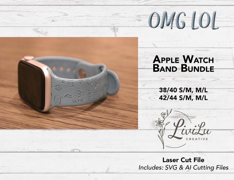 A light blue silicone watch band with various engraved words like "OMG," "LOL," "KISS," and "LOVE" is attached to a dark gray smartwatch on a wooden surface.