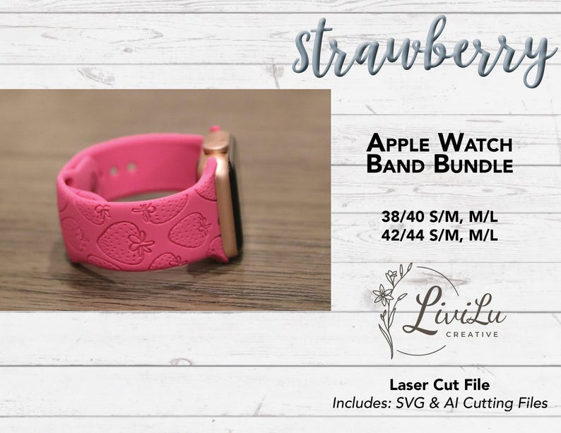A hot pink Apple Watch band with a rose gold watch face, embossed with a strawberry pattern, rests on a light wood surface.