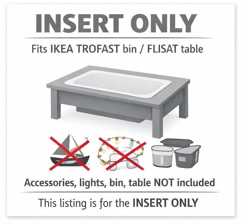 A gray graphic with text "INSERT ONLY" and "Fits IKEA TROFAST bin / FLISAT table," showing a gray table with a white insert, and crossed-out icons of a sailboat, string lights, and bins.