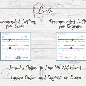 Two charts display recommended laser settings for scoring and engraving watch bands, with sliders for speed, power, and focus.