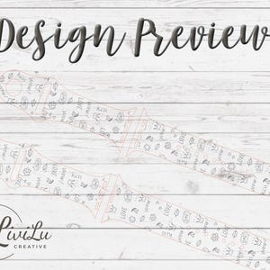 Two outlined watch band designs, one above the other, feature small, repeated text and symbols like "OMG," "LOL," "KISS," and hearts on a light wood background.