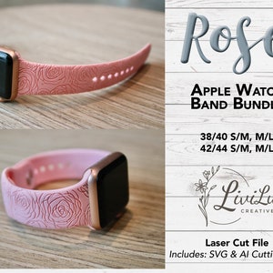 以下が含まれることがあります： バラ柄のピンクのApple Watchバンド。バンドは38/40 mmと42/44 mmのサイズがあります。バンドはレーザーカットファイルで、SVGとAIのカットファイルが含まれています。