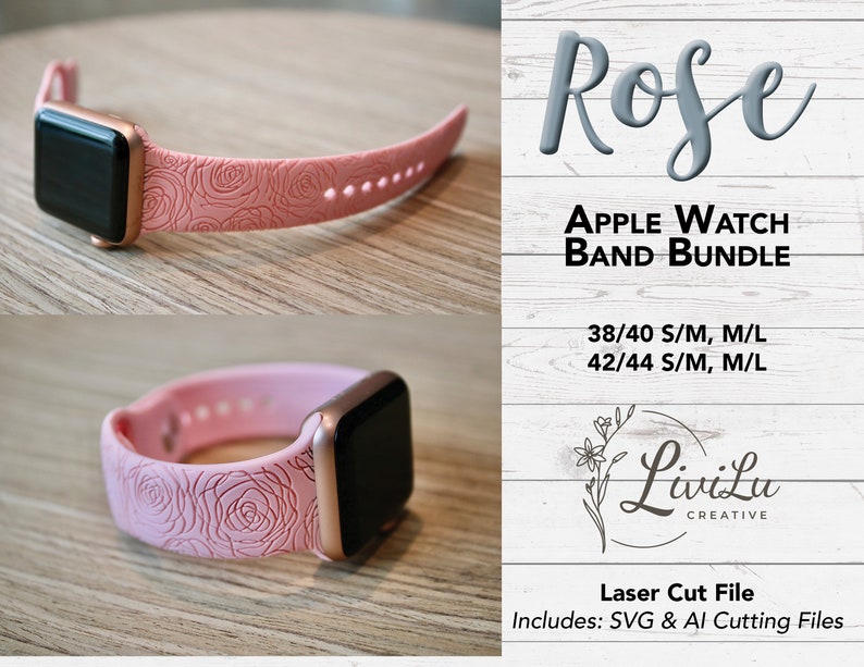 以下が含まれることがあります： バラ柄のピンクのApple Watchバンド。バンドは38/40 mmと42/44 mmのサイズがあります。バンドはレーザーカットファイルで、SVGとAIのカットファイルが含まれています。