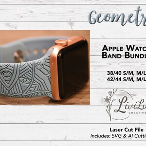 May include: A light blue Apple Watch strap with a geometric pattern is displayed, connected to a rose gold Apple Watch. The words "Geometric" and "Apple Watch Band Bundle" are visible. Sizes 38/40 and 42/44 are listed. The image also includes the text "Laser Cut File".