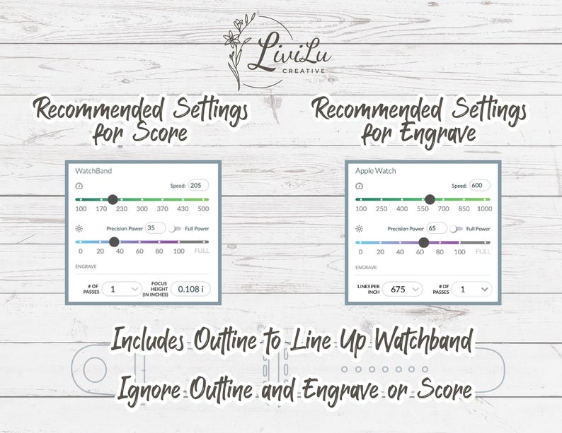 Two charts display recommended laser settings for "Score" and "Engrave" on a watch band, showing parameters like speed, power, and lines per inch, on a light wood background.