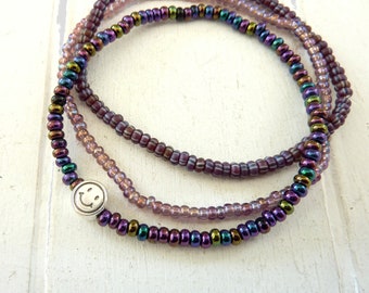 Bracelets Glass Beads with Smiley - Set of 3 - Purple Mix - Rocailles Seed Beads - Elastic