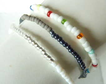 Bracelets Glass Beads - Set of 3 - White Gray Colorful - Rocailles Seed Beads - elastic
