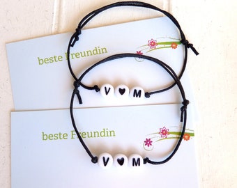 2 Bracelets Initials Friendship - Cotton Cord Ribbon Color, Letters & Card to choose from