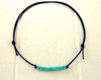 Anklet Turquoise - Nylon Cord Dark Blue Adjustable - Ribbon color and card to choose from