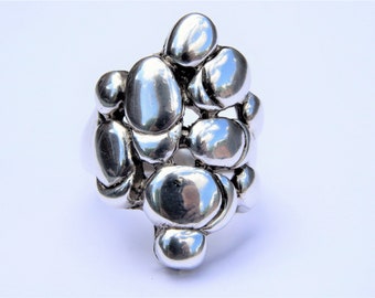 Anillo grande de plata de ley 925, anillo de guijarros múltiples, anillo de plata, anillo de declaración