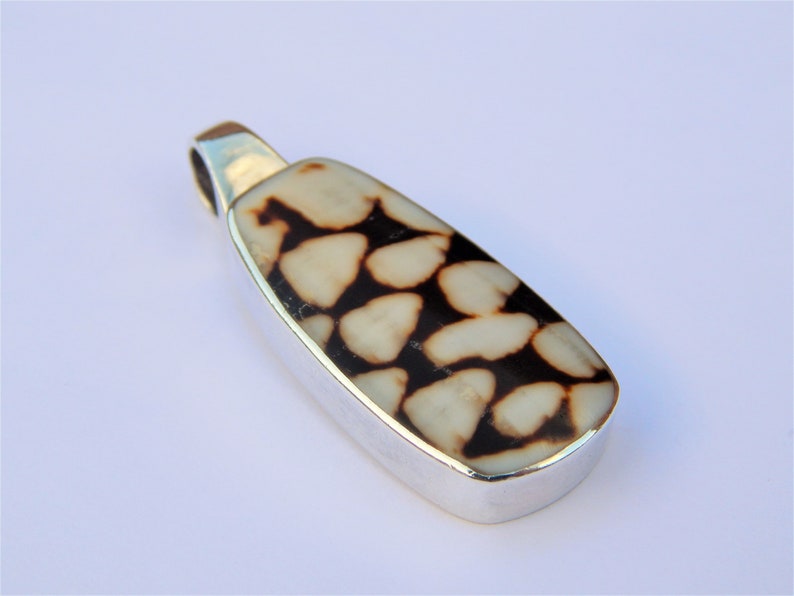 May include: A silver pendant with a white and brown shell inlay. The shell has a unique pattern of small, irregular shapes.