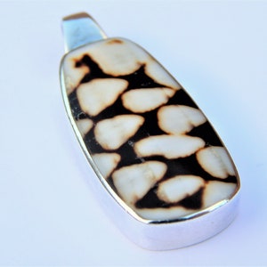 May include: A silver pendant with a black and white patterned shell inlay. The shell has a unique, organic pattern of small, irregular shapes.