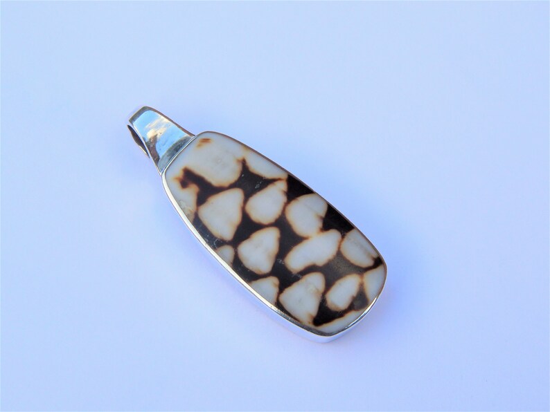 May include: A silver pendant with a brown and white shell inlay. The shell has a unique pattern of brown and white spots.