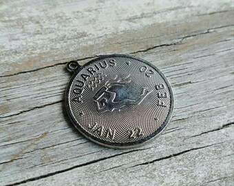 Vintage Stamped Aquarius Pendant, Stainless Steel Zodiac Charm