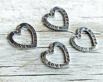 Breloques coeurs paix joie amour estampés, fournitures de bijoux en argent antique (lot de 4)