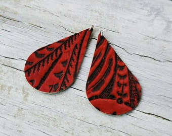 Red Teardrop, Earring Leather Shapes.  Leather cut out embossed 2" long Floral  print.