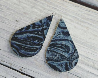 Blue Teardrop, Earring Leather Shapes.  Leather cut out embossed 2" Floral  print.