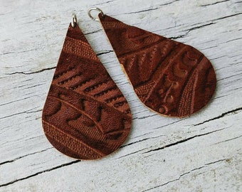 Embossed Leather Teardrop Earrings, Copper Brown Floral, 2" Charms