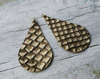 Mettalic Gold Teardrop, Earring Leather Shapes.  Leather cut out embossed 2" Snake  print.