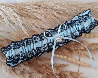 Kousenband zwart blauw met hart